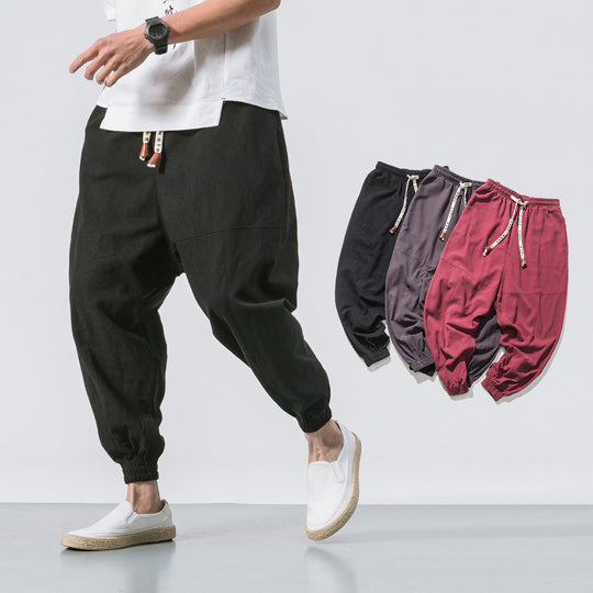 Herren nan relaxed Fit Leinen-Jogger mit Tunnelzug, eingesetzten Knieteilen und elastischen Bündchen EB