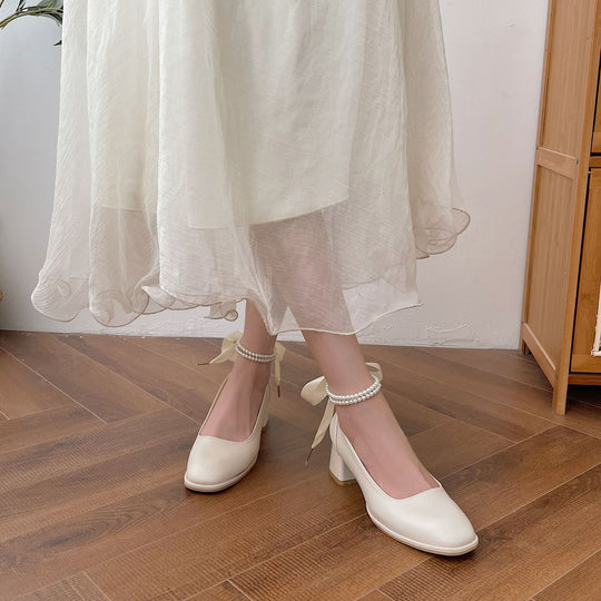 Damen elegante Absatzschuhe mit Perlenschmuck und Schleifen EB
