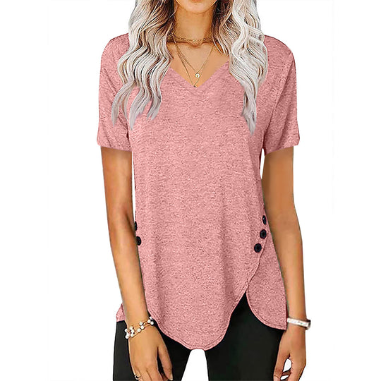Damen lässiges V-Ausschnitt T-Shirt mit asymmetrischem Saum und dekorativen Knopfdetails EB