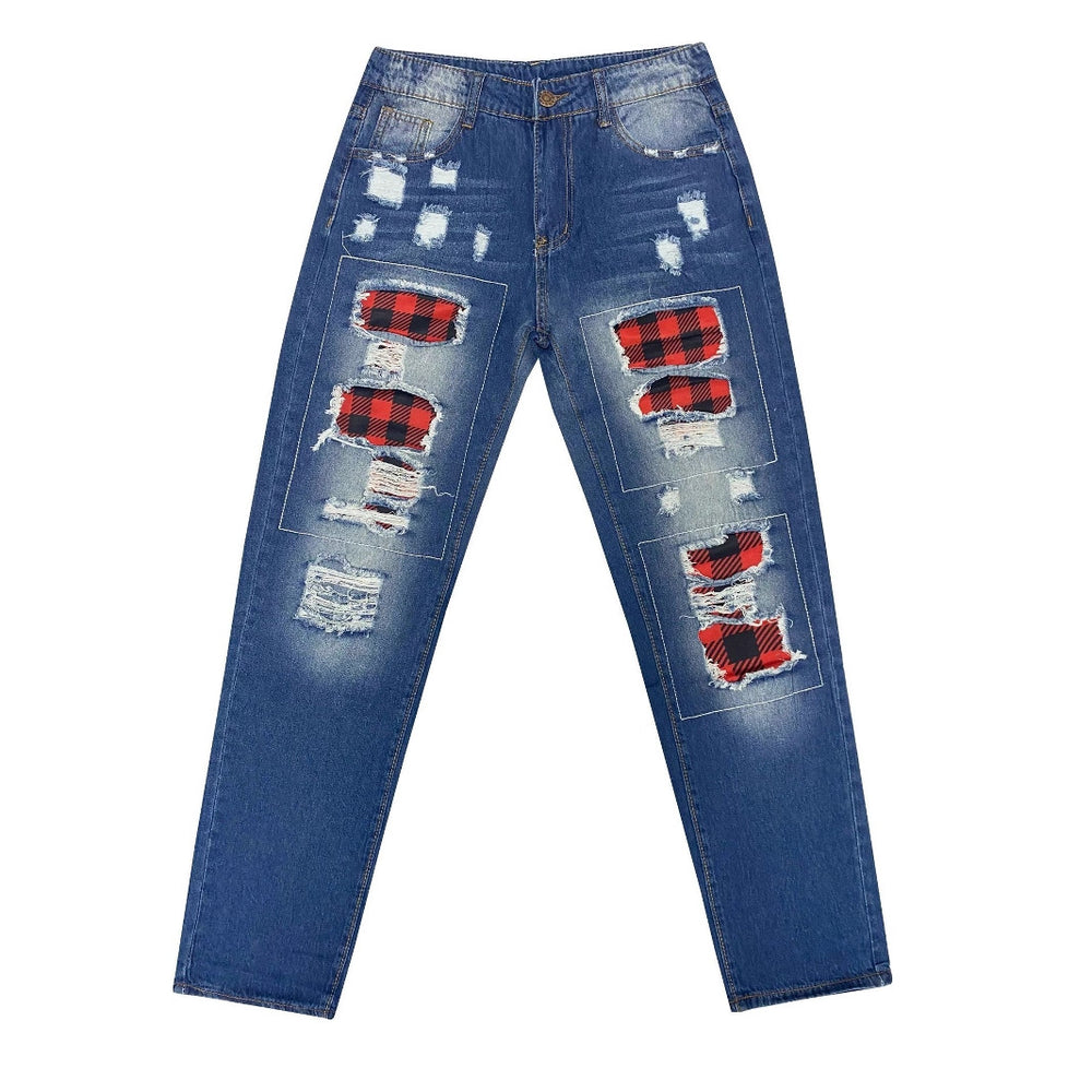 Damen Jeans mit stylischen Rissen und Karomuster EB