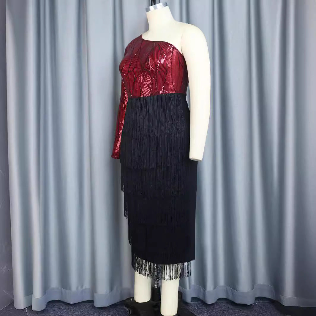 Damen Elegantes Cocktailkleid mit funkelnden Pailletten und Fransen EB