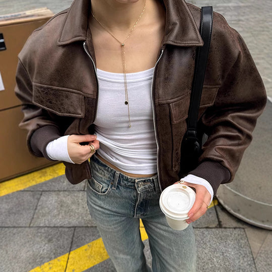 Damen cropped Kunstlederjacke mit Taschen EB