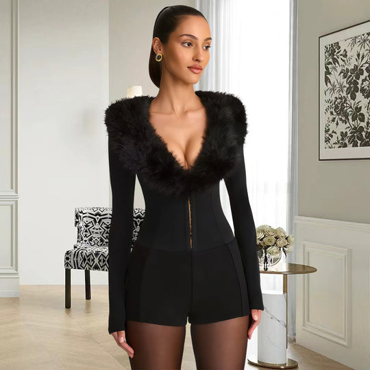 Damen Jumpsuit mit königlichem Fellkragen und figurbetontem Schnitt EB