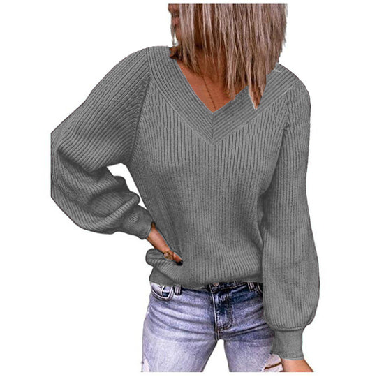 Damen Strickpullover mit V-Ausschnitt und voluminösen Ärmeln EB