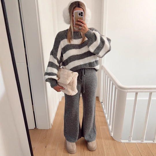 Damen modischer Cropped Pullover mit einzigartigem Streifenmuster und weit geschnittenen Ärmeln EB