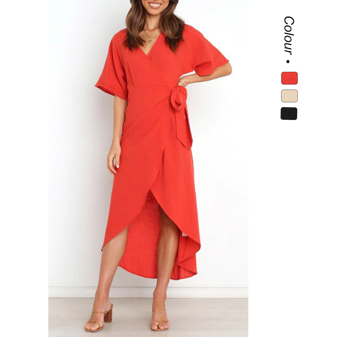 Damen Wickelkleid mit elegantem V-Ausschnitt und modischem Taillengürtel EB
