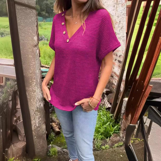 Damen lässiger V-Ausschnitt Pullover mit Knöpfen EB