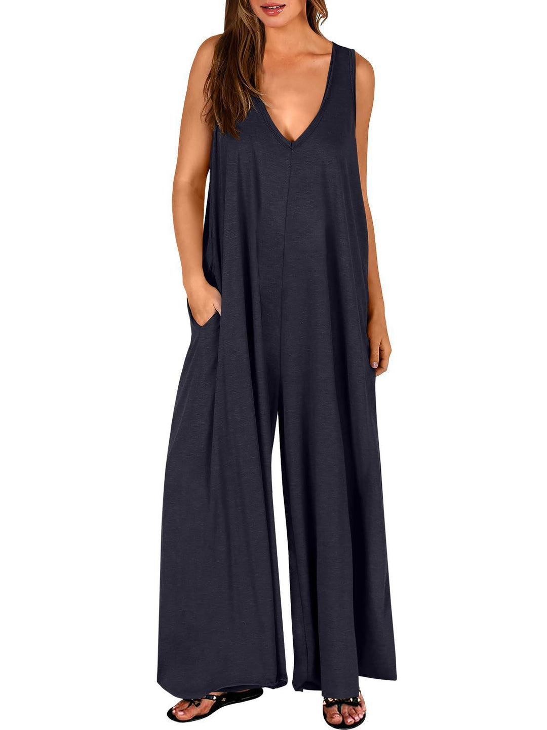 Damen Lockerer Jumpsuit mit tiefem V-Ausschnitt und seitlichen Taschen EB