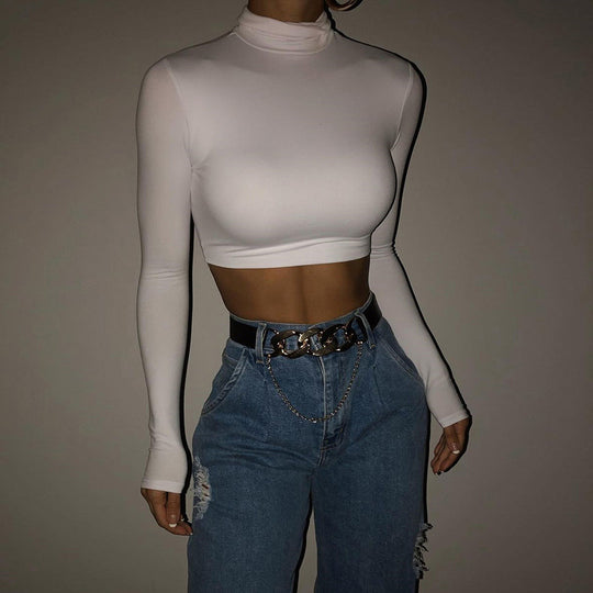 Damen Modisches Crop-Top mit hohem Kragen und langem Arm EB