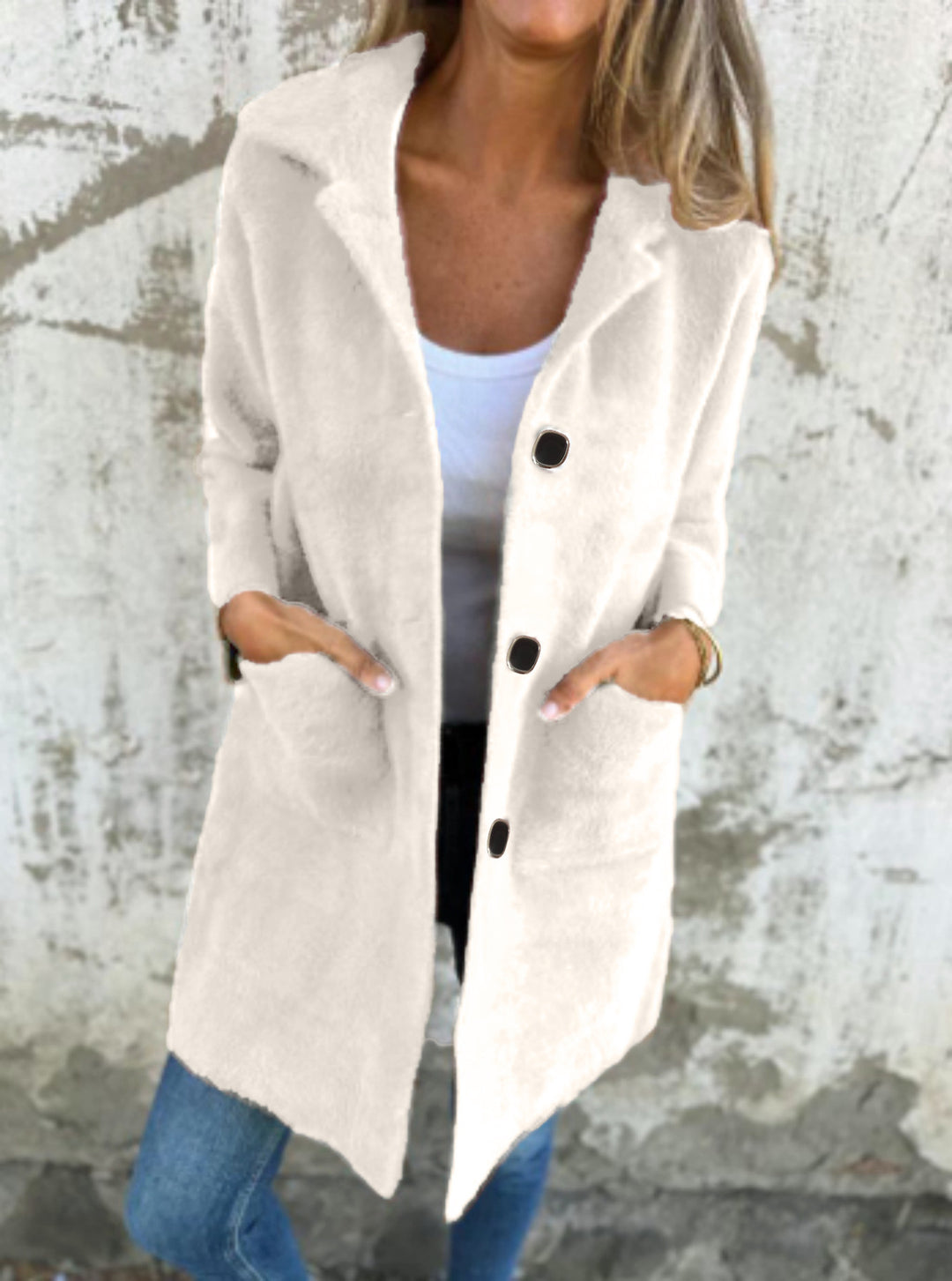 Damen Teddy-Mantel mit Oversize-Kragen, dekorativen Knöpfen und Eingrifftaschen EB
