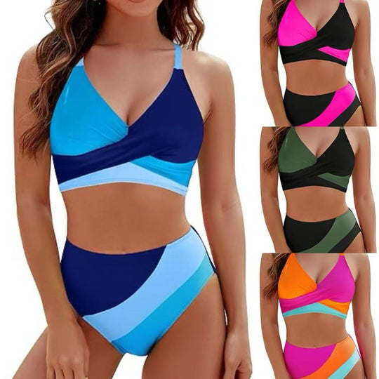 Damen Hoch tailliertes Bikini-Set mit modischem Wickeloberteil EB