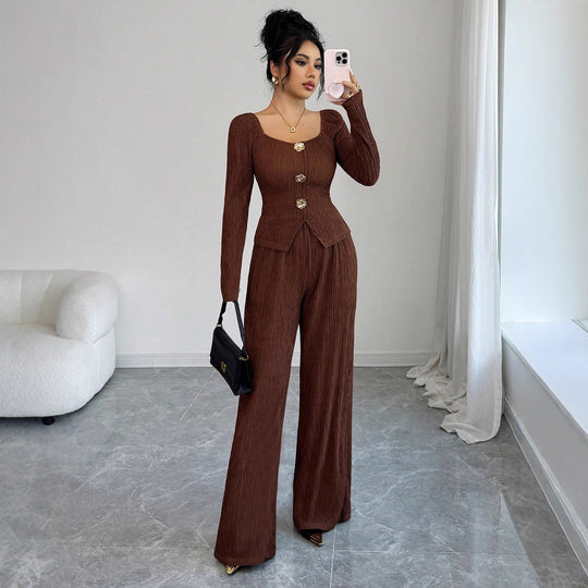 Damen nan tailliertes Blusen- und Hosen-Set aus Crinkle-Plissee mit Puffärmeln und Zierknöpfen EB