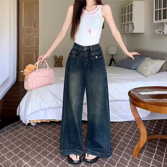 Damen Weit geschnittene Denim-Hose mit hohen Taschen und modischem Schnitt EB