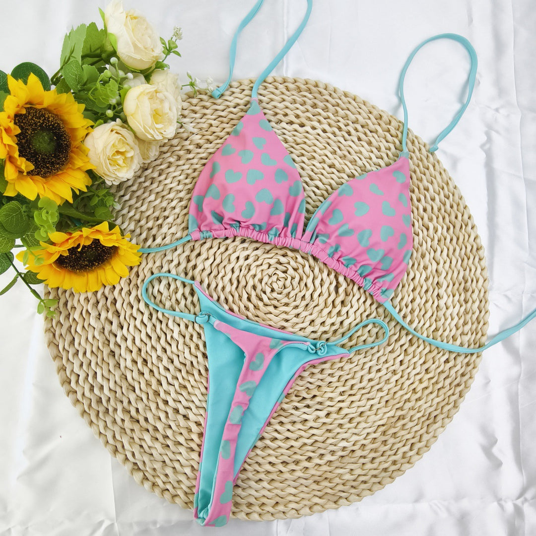Damen Triangel-Bikini-Set mit fröhlichem Kirschmuster und verstellbaren Trägern EB