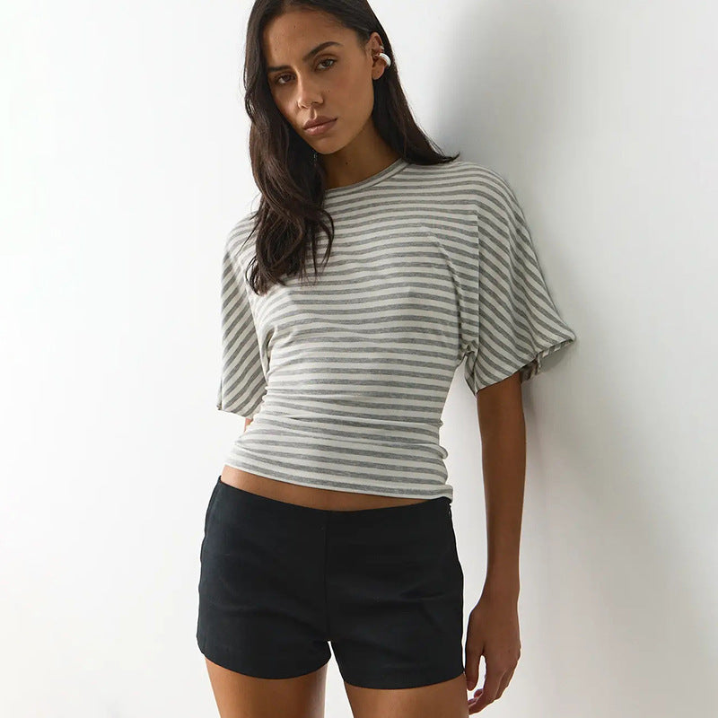 Damen modernes Kurzarm-Top mit lässigem Streifenmuster und elegantem Schnitt EB