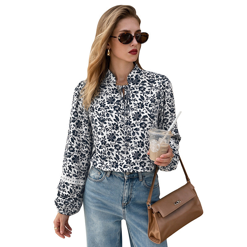 Damen Blumen-Tunika-Bluse mit Bindeschleife, Volantsaum und Spitzen-Details EB