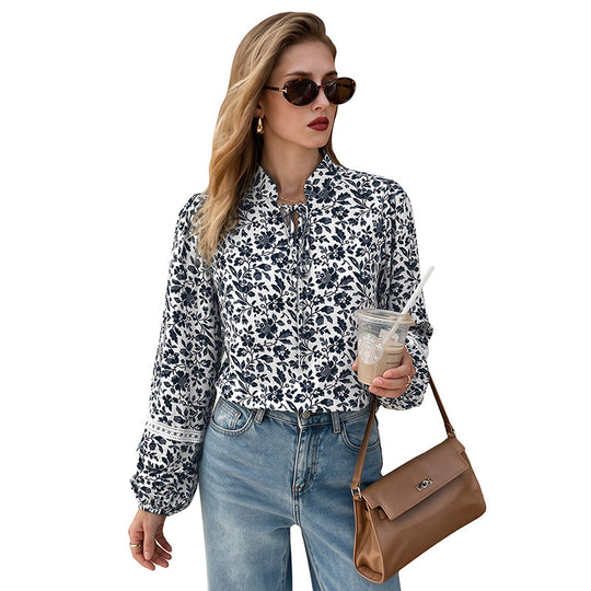 Damen Blumen-Tunika-Bluse mit Bindeschleife, Volantsaum und Spitzen-Details EB