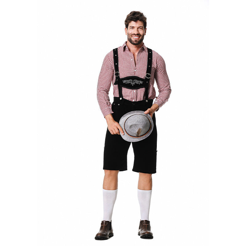 Herren nan authentische Trachten-Kniebundhose aus wildlederähnlichem Material mit verstellbaren Trägern und besticktem Brustlatz EB