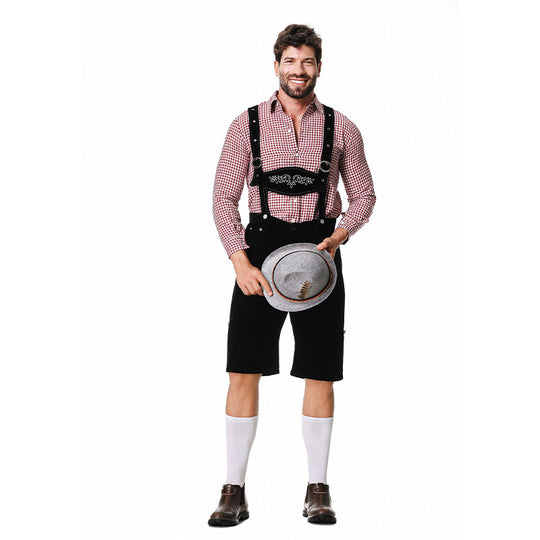 Herren nan authentische Trachten-Kniebundhose aus wildlederähnlichem Material mit verstellbaren Trägern und besticktem Brustlatz EB