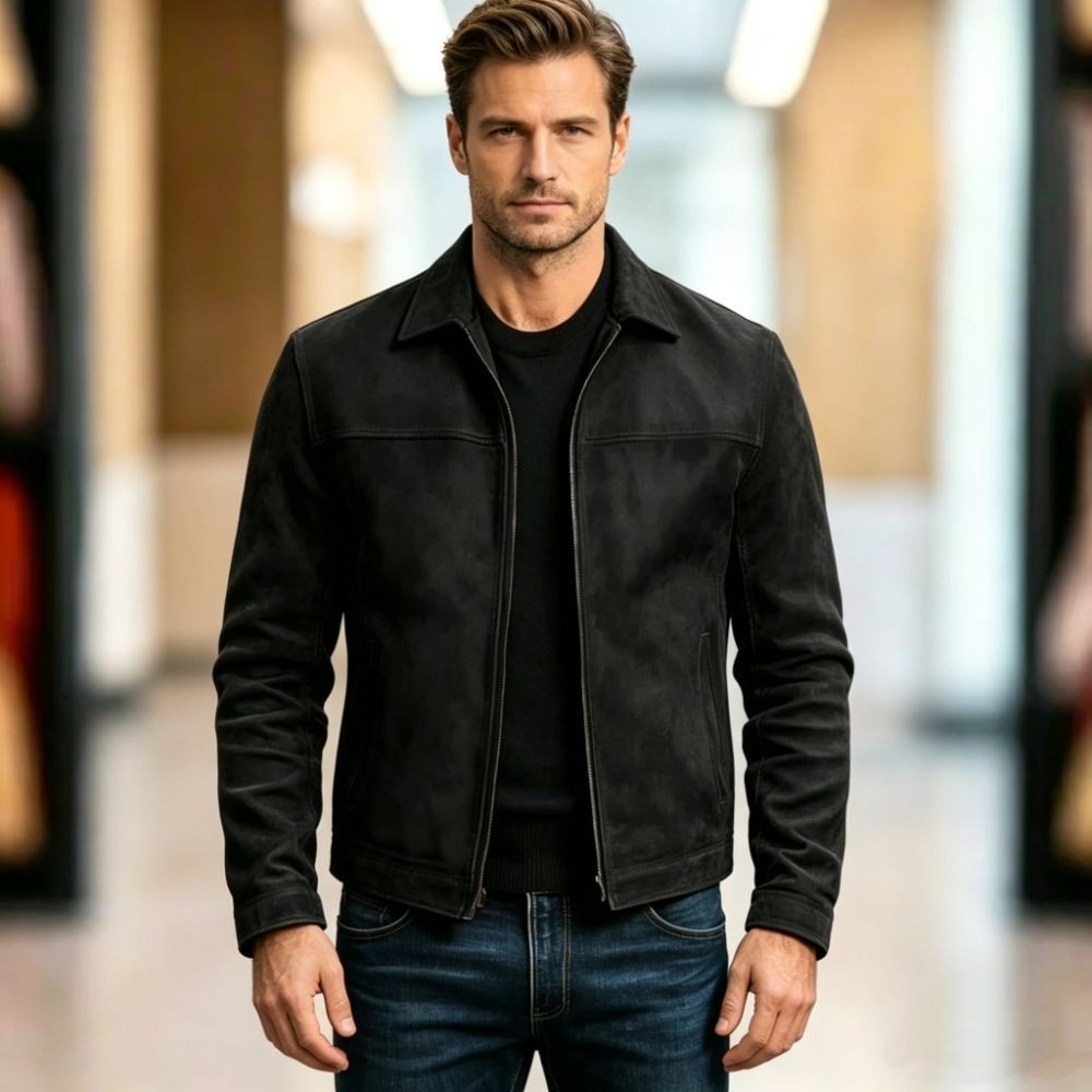 Herren nan schlanke Veloursleder-Jacke mit klassischem Kragen und verdecktem Reißverschluss EB