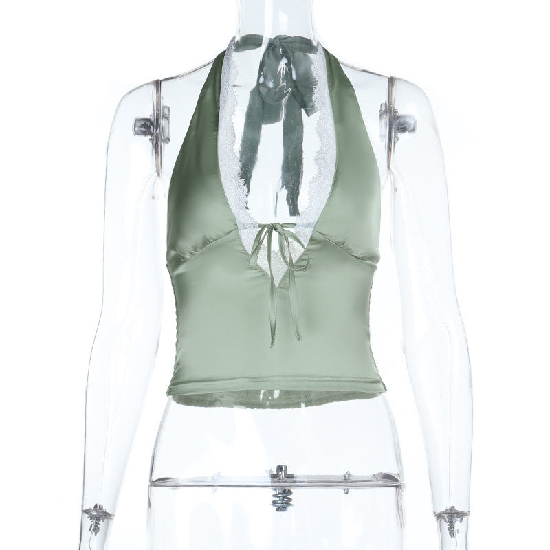 Damen Halter-Crop-Top mit feinen Spitzendetails EB