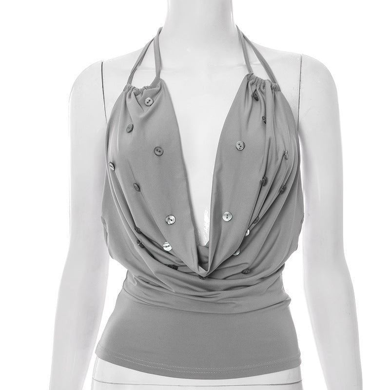 Damen elegantes Trägershirt mit tiefem V-Ausschnitt und Knopfdetails EB