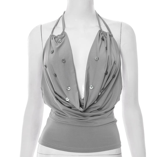 Damen elegantes Trägershirt mit tiefem V-Ausschnitt und Knopfdetails EB