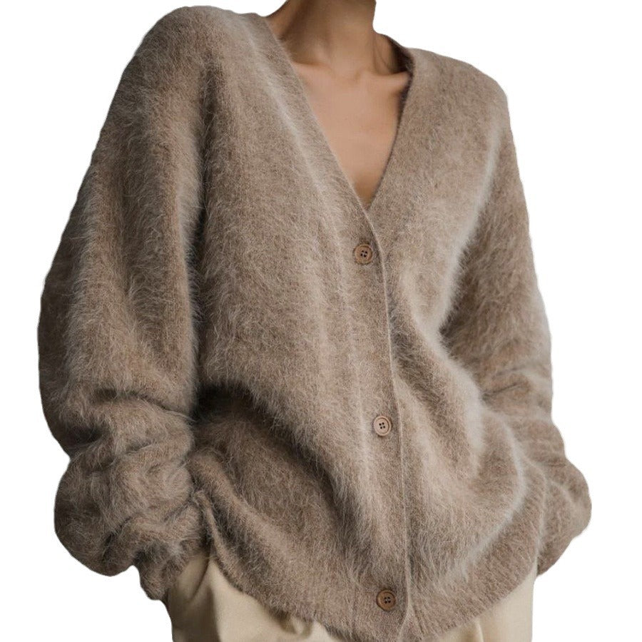 Damen Flauschiger Cardigan mit V-Ausschnitt EB