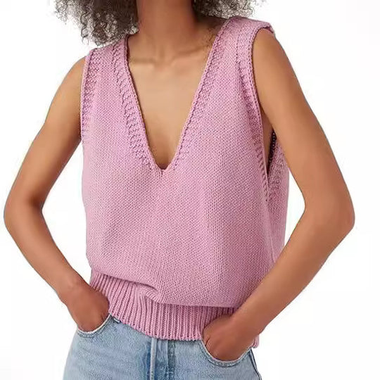 Damen lässiger Strickpullover ohne Ärmel mit tiefem V-Ausschnitt EB