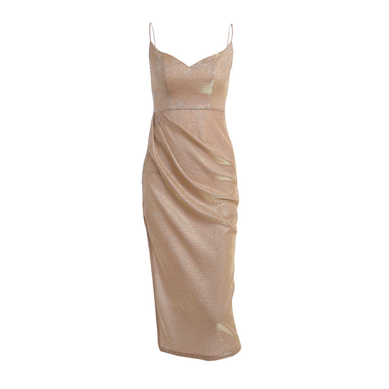 Damen elegantes Metallic-Effekt-Midikleid mit Spaghettiträgern EB
