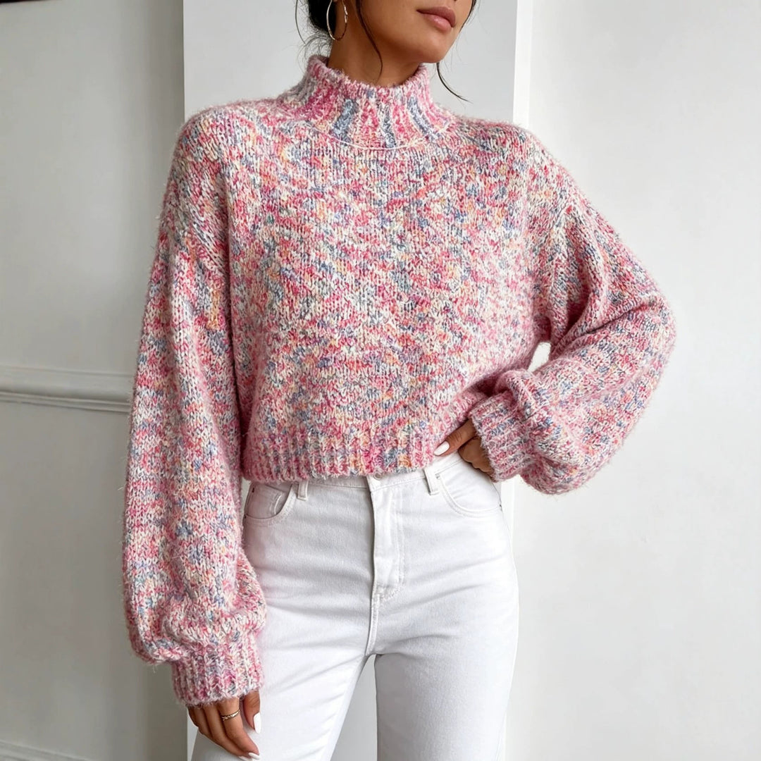 Damen Kurzgeschnittener Oversize-Pullover mit Stehkragen, mehrfarbigem Bouclé-Muster und Ballonärmeln EB