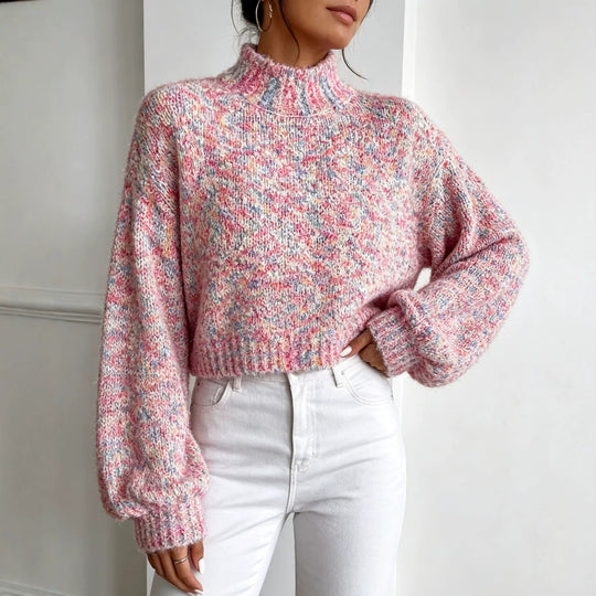 Damen Kurzgeschnittener Oversize-Pullover mit Stehkragen, mehrfarbigem Bouclé-Muster und Ballonärmeln EB