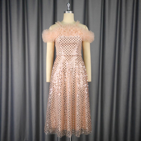Damen Festliches Abendkleid mit voluminösen Rüschendetails und zartem Glitzer EB