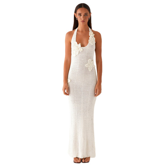 Damen häkel Maxi-Kleid mit floralem Design EB