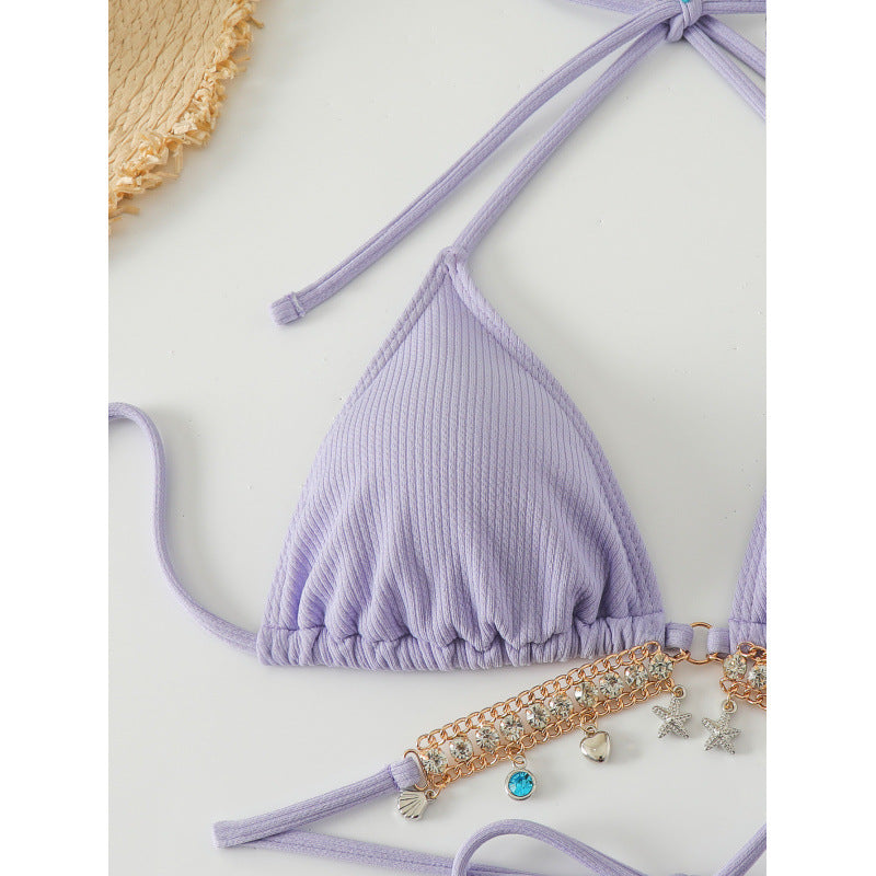 Damen Triangel-Bikini mit modischen Schmuckdetails und Bindebändern EB