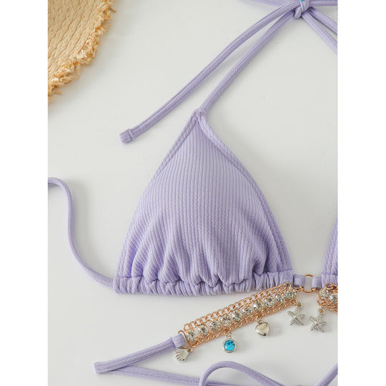 Damen Triangel-Bikini mit modischen Schmuckdetails und Bindebändern EB