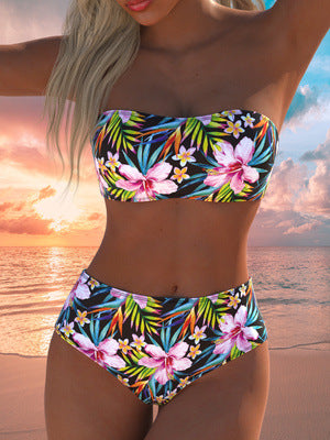 Damen Bandeau-Bikini-Set mit hochgeschnittenem Höschen und tropischem Blütenmuster EB