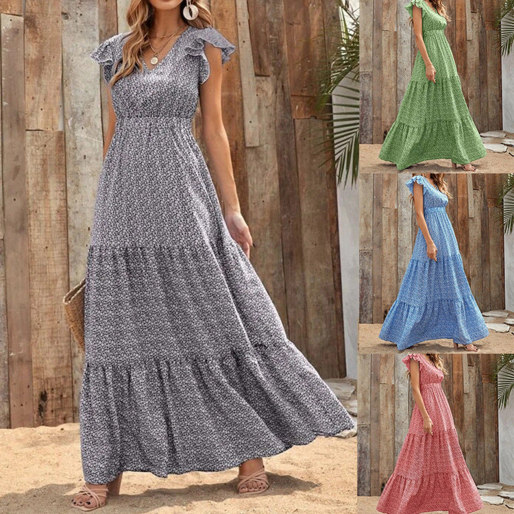 Damen Maxikleid mit Rüschendetails und voluminösem Rock EB