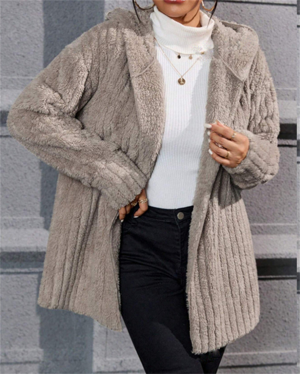 Damen lässige Fleecejacke mit strukturiertem Design und Kapuze EB