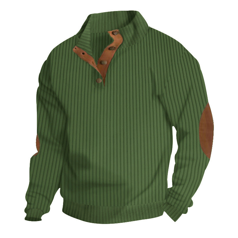 Herren nan strukturierter Ripp-Pullover mit kurzem Knopfkragen und Wildleder-Ellbogenpatches EB
