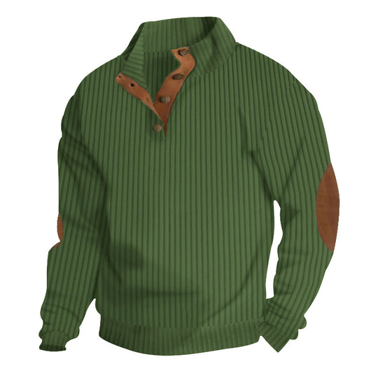 Herren nan strukturierter Ripp-Pullover mit kurzem Knopfkragen und Wildleder-Ellbogenpatches EB