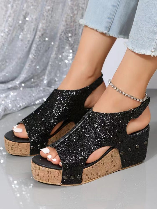 Damen Glitzerndes Keilsandaletten EB