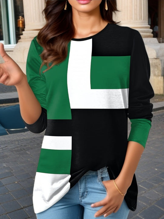 Damen nan geometrisches Colorblock Longsleeve-Tunika-Oberteil mit Rundhalsausschnitt und asymmetrischem Saum EB