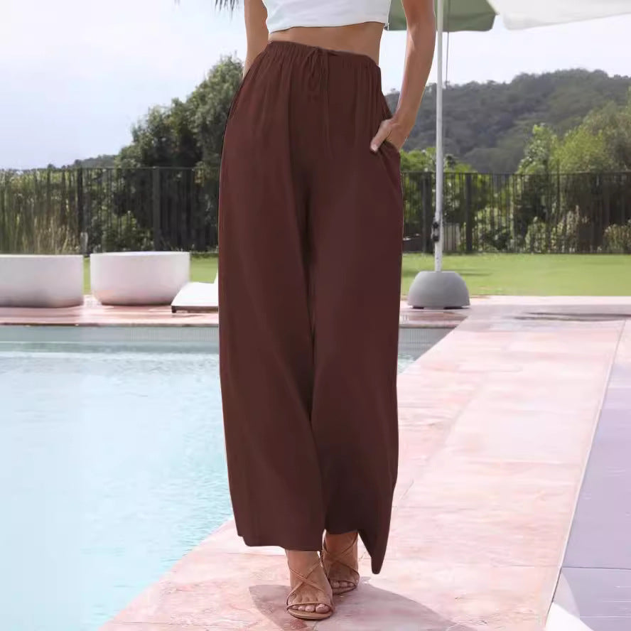 Damen weite Leinenhose mit elastischem Bund und praktischen Seitentaschen EB
