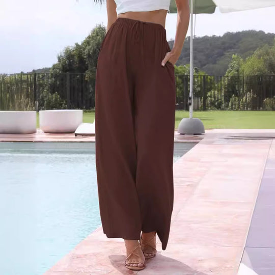 Damen weite Leinenhose mit elastischem Bund und praktischen Seitentaschen EB