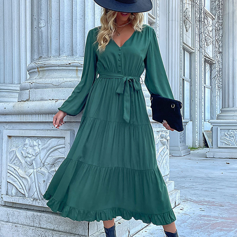 Damen Maxikleid mit Knopfleiste, Taillengürtel und Rüschensaum EB