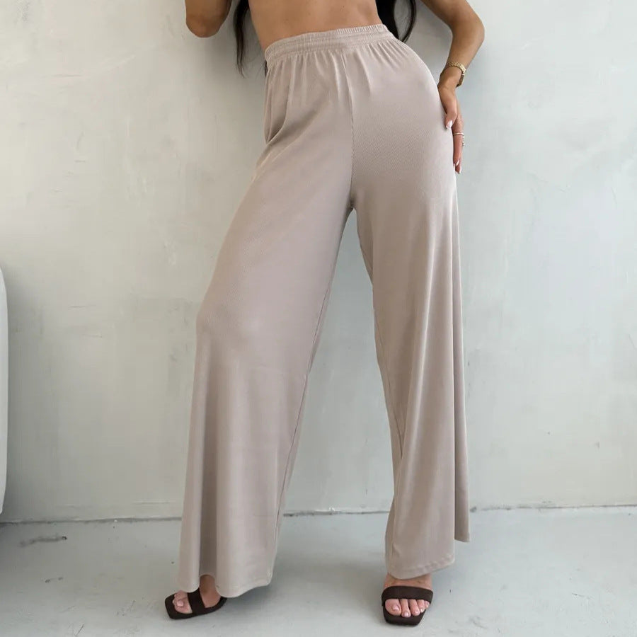 Damen weite High-Waist Palazzo-Hose aus geripptem Jersey mit elastischem Bund EB