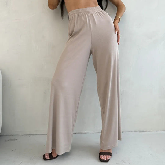 Damen weite High-Waist Palazzo-Hose aus geripptem Jersey mit elastischem Bund EB