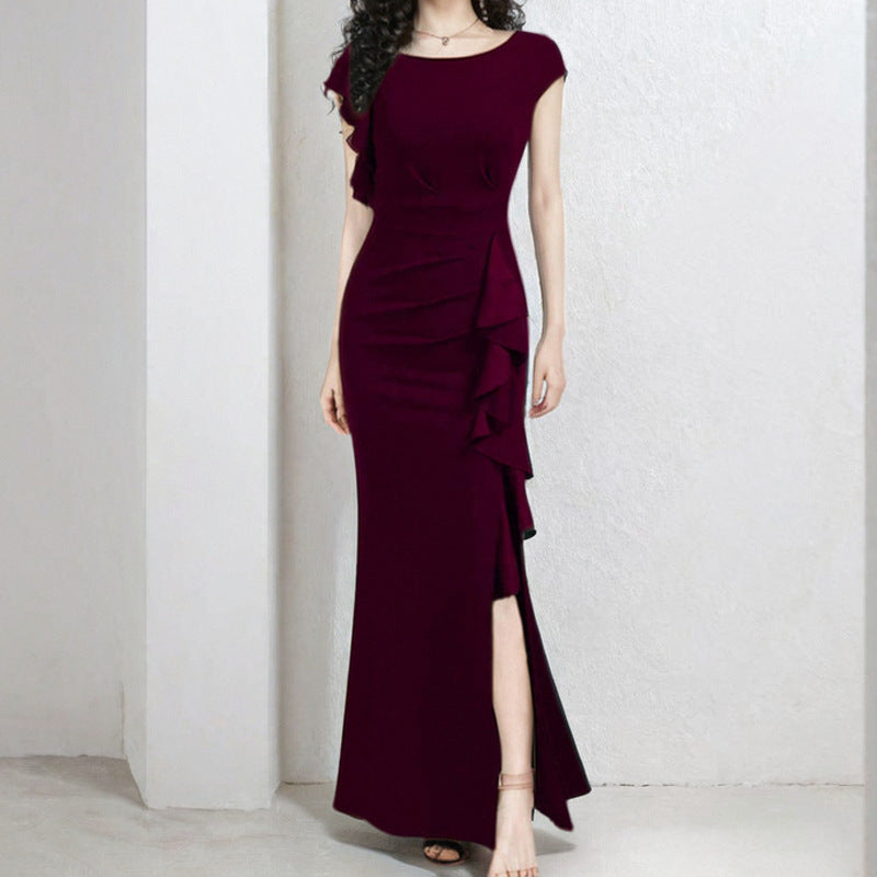 Damen elegantes Maxikleid mit Rüschendetails und seitlichem Schlitz EB