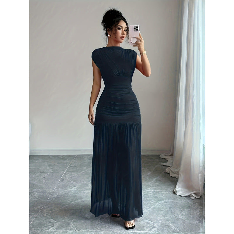 Damen Elegantes Maxikleid mit raffiniertem Drapée und transparentem Rock EB